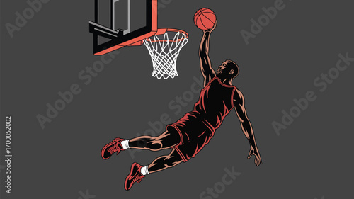 Dynamic basketball player soaring for slam dunk with powerful athletic grace and intensity, a true sports icon