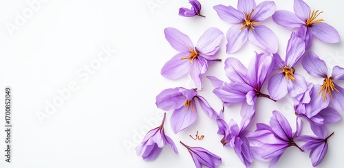 Delicate Purple Flowers Arranged on a White Background for a Serene Aesthetic...