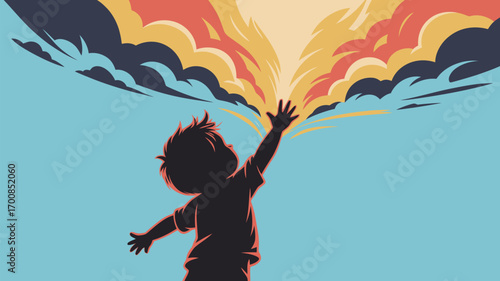 Child reaches for vibrant clouds, dreaming of a bright future with hope and imagination today
