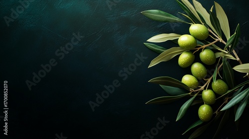 Fresh Green Olives Arranged Beautifully on Dark Surface With Olive Leaves for...