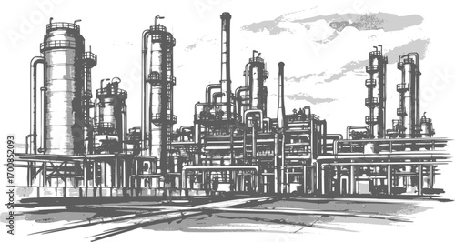 Chemistry or oil refinery plant. Vector sketch image of an industrial object for advertising and presentation purposes. EPS version.
