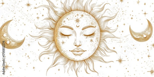 Celestial Sun Design With Stars and Moon on a Light Background.