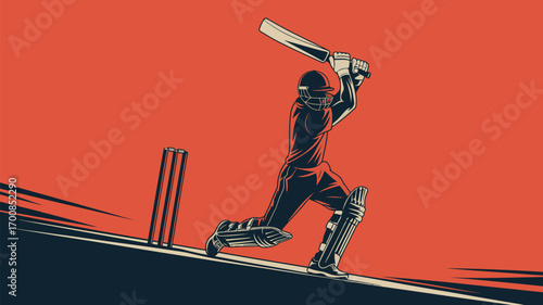 Dynamic cricket player hitting ball with bat in stylized action pose for sports marketing and team promotion