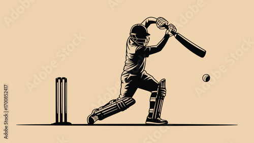 Dynamic cricket player swinging bat at ball near wickets in intense match, graphic illustration