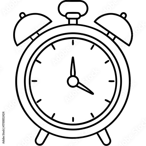 Minimal Line Art Alarm Clock Vector Illustration on White Background