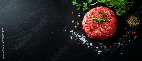 Fresh Ground Meat Surrounded by Herbs and Spices on a Dark Countertop