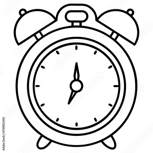 Minimal Line Art Alarm Clock Vector Illustration on White Background