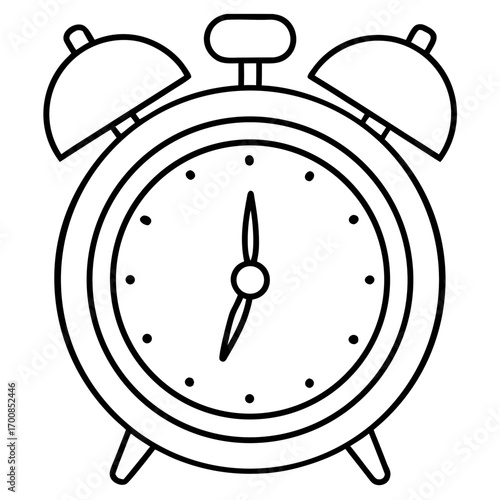 Minimal Line Art Alarm Clock Vector Illustration on White Background