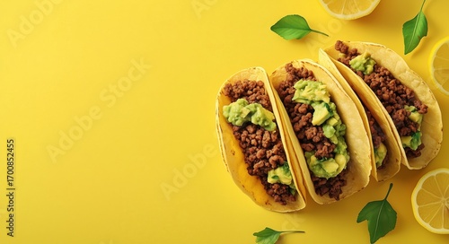 Tacos With Beef and Avocado on a Vibrant Yellow Background