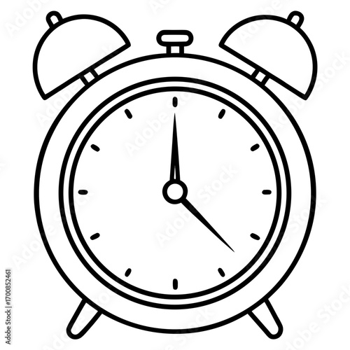 Minimal Line Art Alarm Clock Vector Illustration on White Background