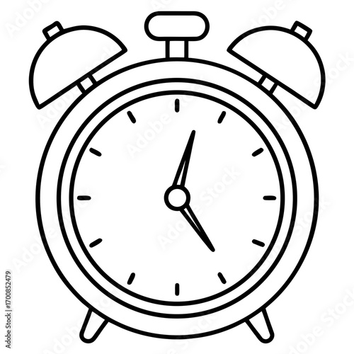 Minimal Line Art Alarm Clock Vector Illustration on White Background