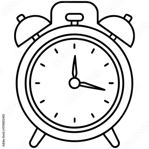 Minimal Line Art Alarm Clock Vector Illustration on White Background