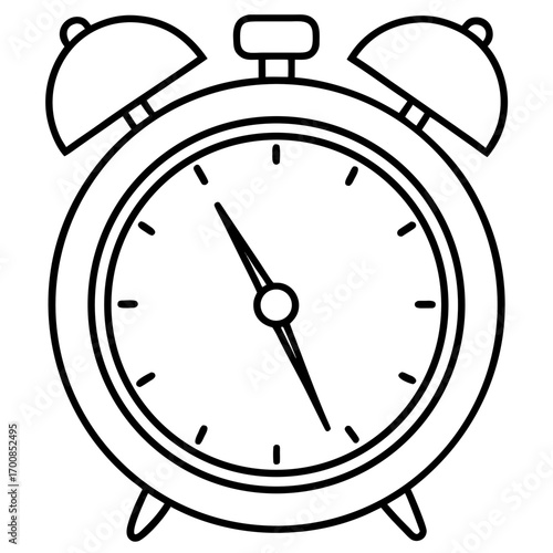 Minimal Line Art Alarm Clock Vector Illustration on White Background