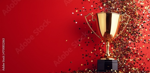 Sparkling Trophy on a Vibrant Red Background With Festive Confetti Scattered ...