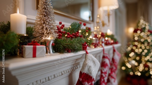 Festive christmas mantel with decorated tree and stockings in cozy living room
