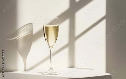 Sparkling Wine Glass Casting Elegant Shadows in Sunlit Indoor Setting