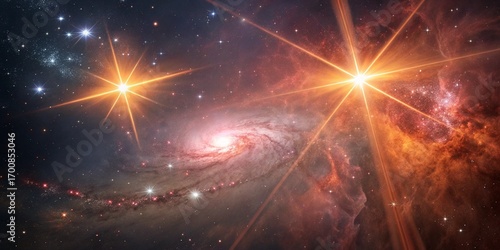 Stunning cosmic nebula ablaze with vibrant orange light, showcasing a distant spiral galaxy surrounded by a dazzling array of brilliant stars and luminous celestial bodies