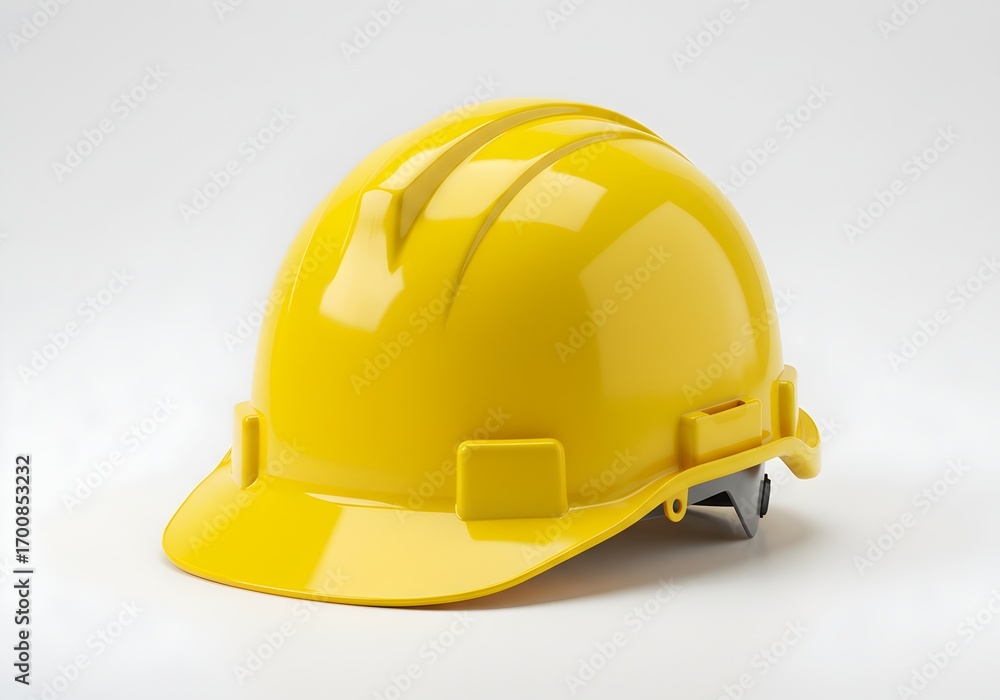Fototapeta premium Bright yellow construction safety helmet isolated on white background, professional protective headgear for construction workers and industrial sites.