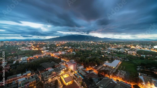 Chiang mai city skyline at sunset with doi suthep mountain in the background