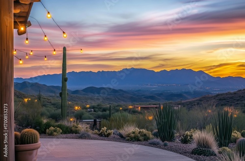 Dramatic Sunset With String Lights Illuminating Desert Landscape in Evening G...