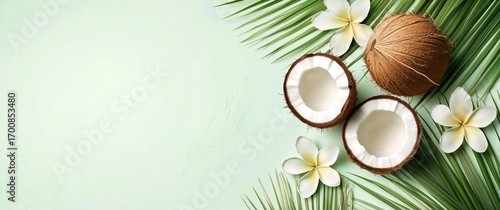 Tropical Coconuts and Flowers Surrounded by Green Leaves in a Vibrant Layout ...