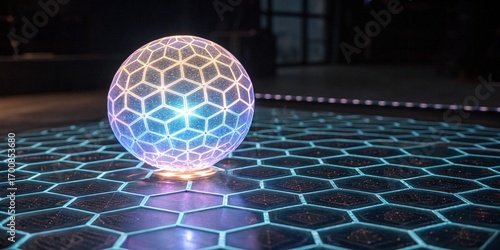 Captivating illuminated sphere with hexagonal geometric pattern glowing with vibrant blue and purple light on a futuristic hexagonal grid platform, evoking innovation and digital transformation