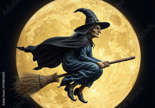 A grim-faced, hook-nosed witch flies on a broomstick against a full moon, embodying the classic figure of legends and Halloween