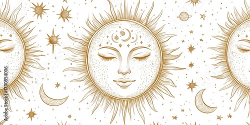 Celestial Sun Design With Stars and Moon on a Light Background