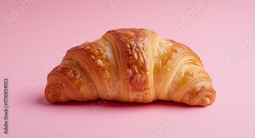 Croissant on a Pink Background Showcasing Flaky Layers and Golden Color.