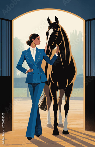 A flat illustration of a personable woman in an expensive suit leading a horse to a race. Vector graphics. EPS.