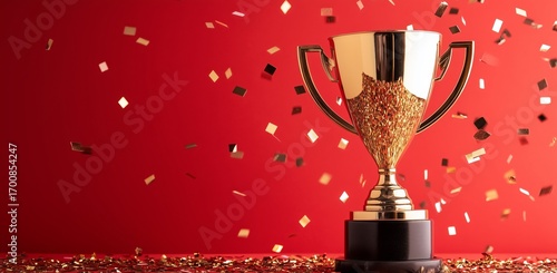 Celebration of Achievement With Golden Trophy and Confetti Burst in Festive A...
