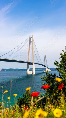 A modern cable-stayed bridge spanning a body of water, framed by vibrant wildflowers