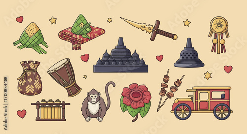Indonesian Culture Icon Set Vector Illustration with Cartoon Borobudur and Traditional Symbols