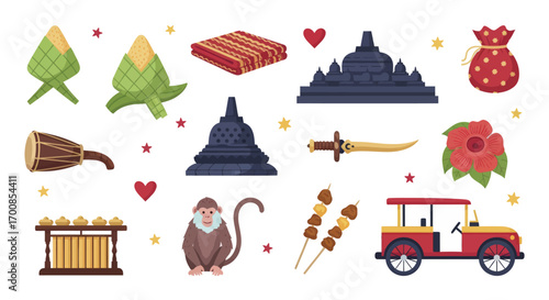 Flat Cartoon Indonesian Culture Vector Icon Set with Borobudur Temple and Traditional Symbols