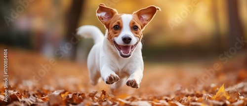 Happy Dog Runs Through Colorful Autumn Leaves in a Park