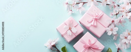Decorative Pink Gift Boxes Arranged With Blooming Cherry Blossoms on a Light ...