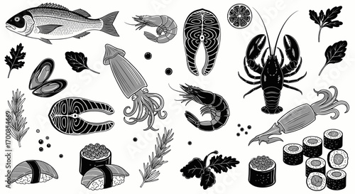 Hand Drawn Vector Illustration Set of Seafood and Japanese Cuisine Elements