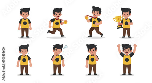 Cartoon Boy Mascot Vector Character Set with Different Poses and Emotions