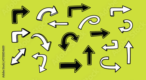 Icon Set Vector Collection of Hand Drawn Doodle Arrows in a Black and White Sketchy Style