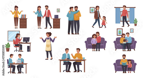 Cartoon Character Vector Illustration Set of Family Relationships and Daily Activities