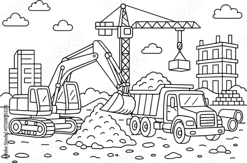 hand drawn vector doodle illustration of detailed construction site coloring page for kids line art
