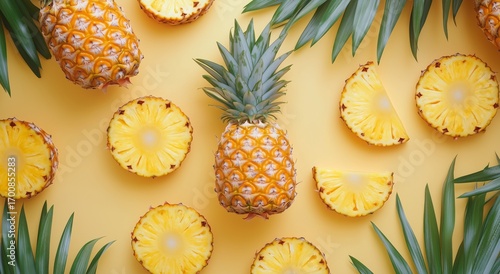 Vibrant Display of Whole and Sliced Pineapples With Green Leaves on Yellow Ba...