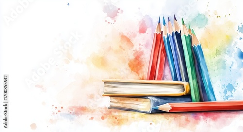 Colorful Pencils and Books Create an Artistic Display in a Bright, Vibrant Se...