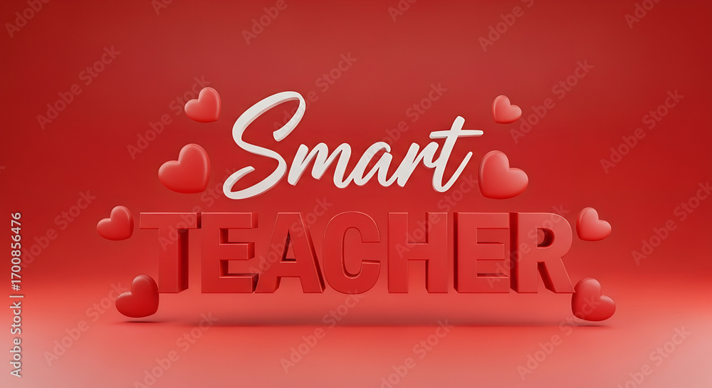 Naklejka premium 3D Render of Smart Teacher Text with Red Hearts on Red Background for Teacher Appreciation, Valentine’s Day Greeting Card and Celebration Design