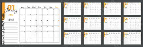 Monthly calendar planner 2026. Colorful orange planner 2026 with calendar. Vector illustration. Blank white notebook page A4. Printable template. Week Starts on Monday