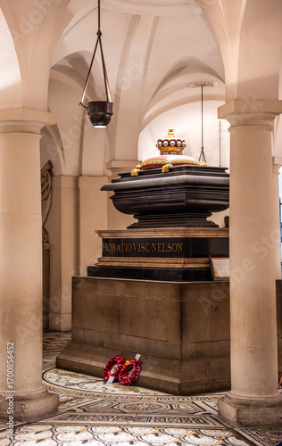 The marble sarcophagus and grave of Horatio Nelson, aka Admiral Lord Nelson, in the crypt of St Paul's Cathedral by architect Christopher Wren, in London, England.