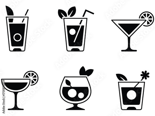 cocktail drink icons with garnish elements in various glass styles