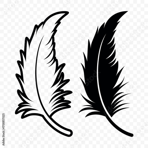 Vector Black and White Fluffy Feather Logo Icons. Silhouette Feather Set Closeup Isolated. Design Template of Flamingo, Angel, Bird Feather. Lightness and Freedom Concept