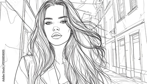 A woman with flowing hair in a city street