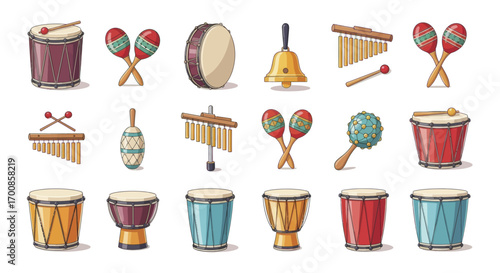 Colorful Hand Drawn Percussion Instrument Vector Icon Set